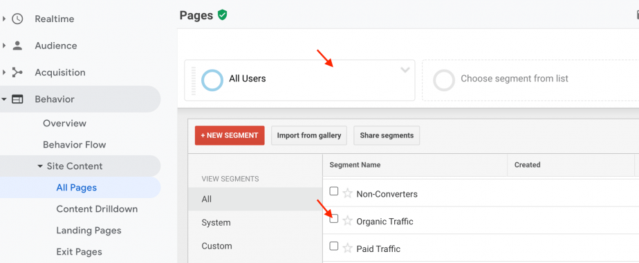 GA UA Segment pages