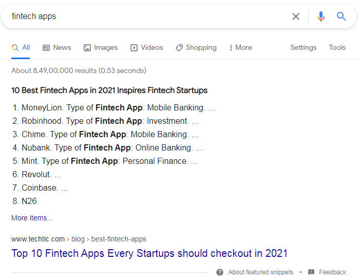 Listicle featured snippet