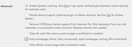 dynamic caching wp super cache