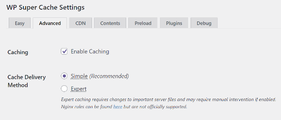 enable caching wp super cache