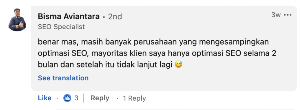 Bisma Aviantara: benar mas, masih banyak perusahaan yang mengesampingkan optimasi SEO, mayoritas klien saya hanya optimasi SEO selama 2 bulan dan setelah itu tidak lanjut lagi 😅