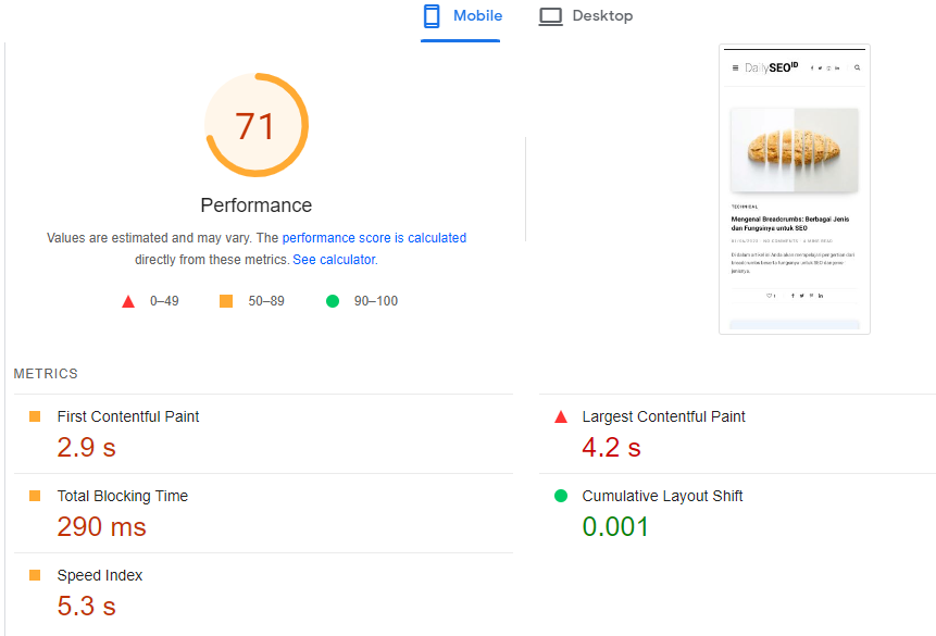 lab data metric di pagespeed insight