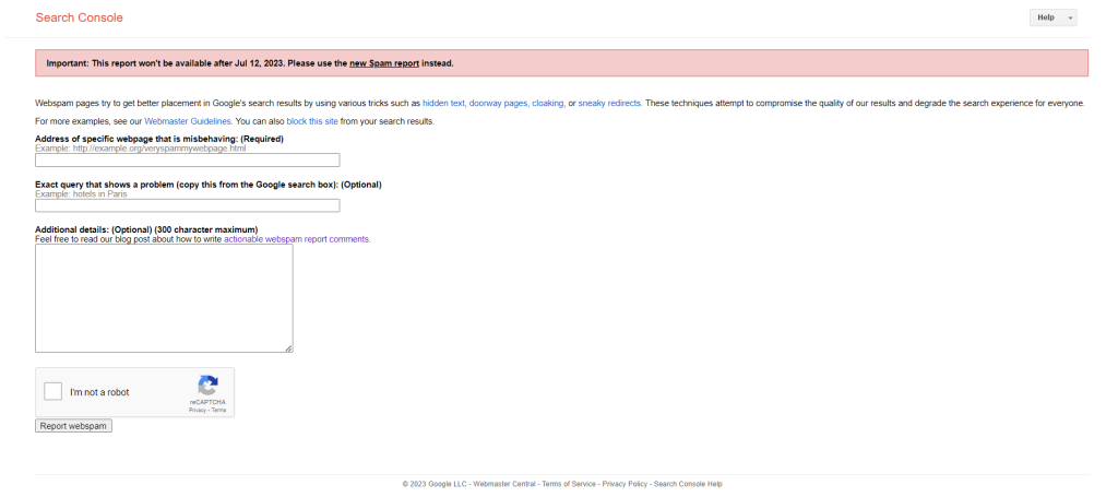 Webspam report search console Google