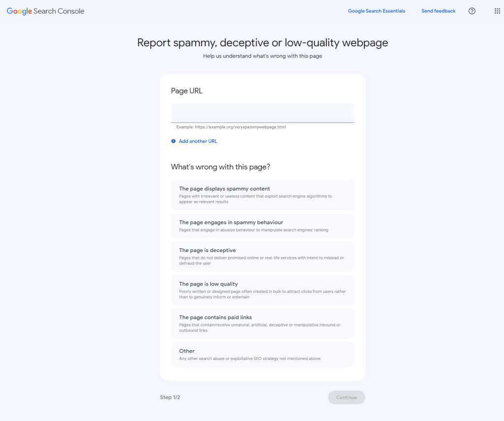 Formulir search quality feedback report Google