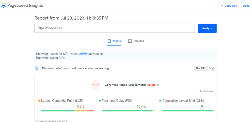 skor core web vitals di pagespeed insights