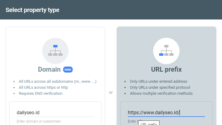 jenis properti google search console