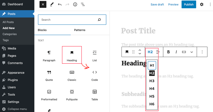 cara tambah heading tag di wordpress