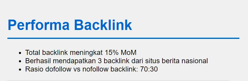 seo report harus menjelaskan tentang performa backlink