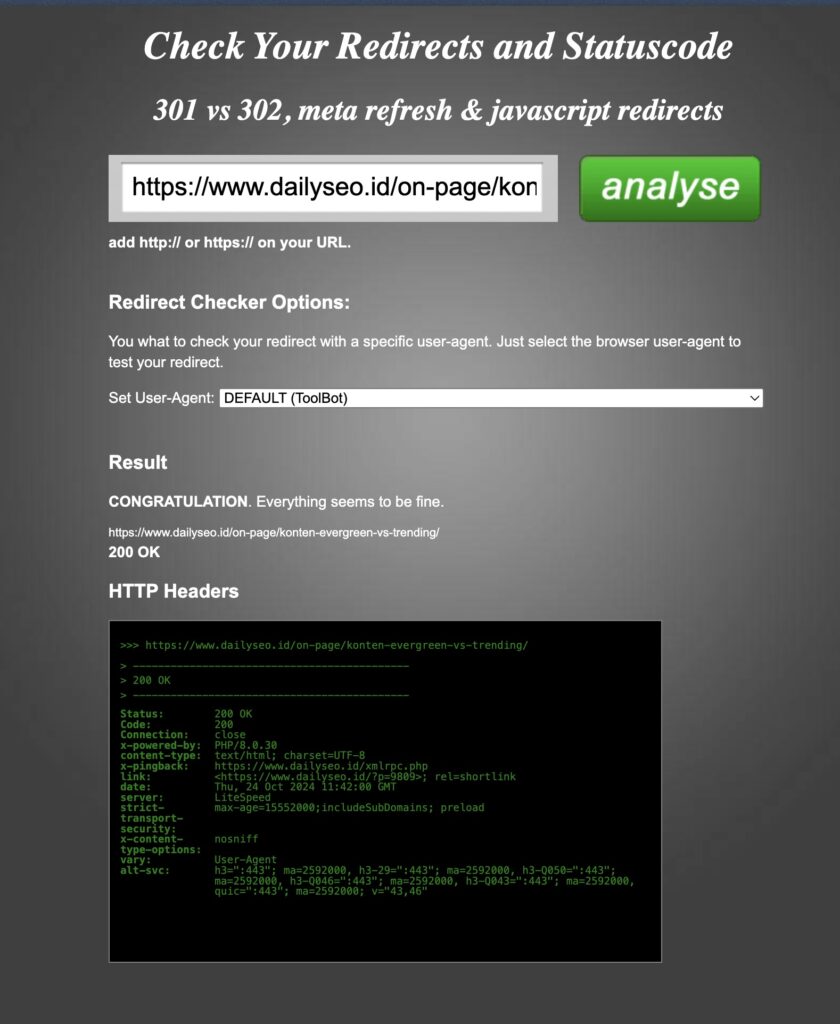 cek status redirect 301
