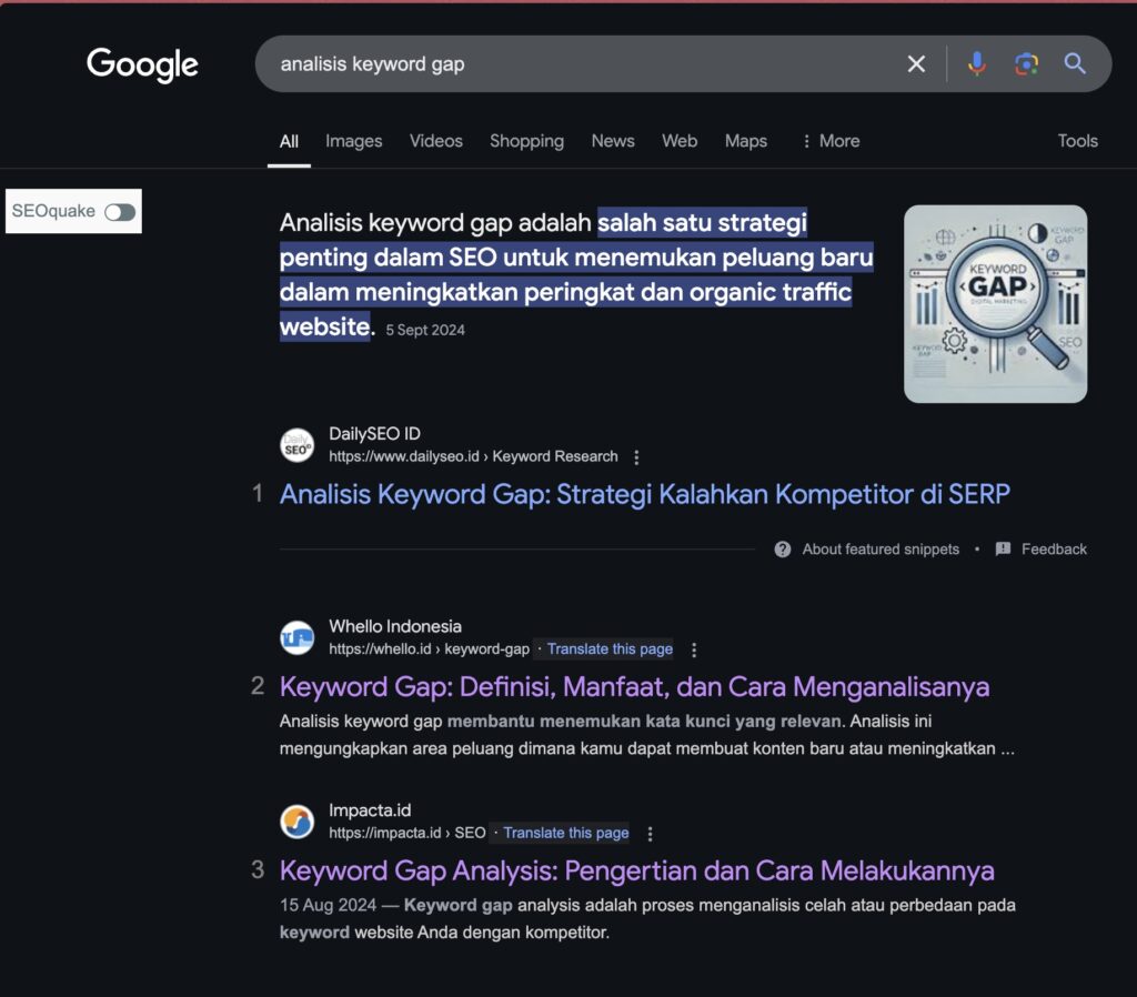 Contoh konten DailySEO analisis keyword gap
