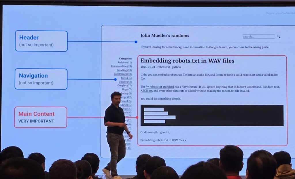 Gary Illyes menjelaskan bahwa Google paham struktur sebuah halaman, untuk menentukan mana MC (Main Content)-nya. (dokumentasi Ilman Akbar)