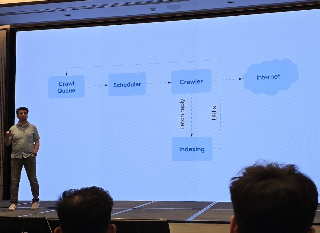 Gary Illyes menjelaskan infrastruktur Crawling Google (foto dokumentasi Ilman Akbar)