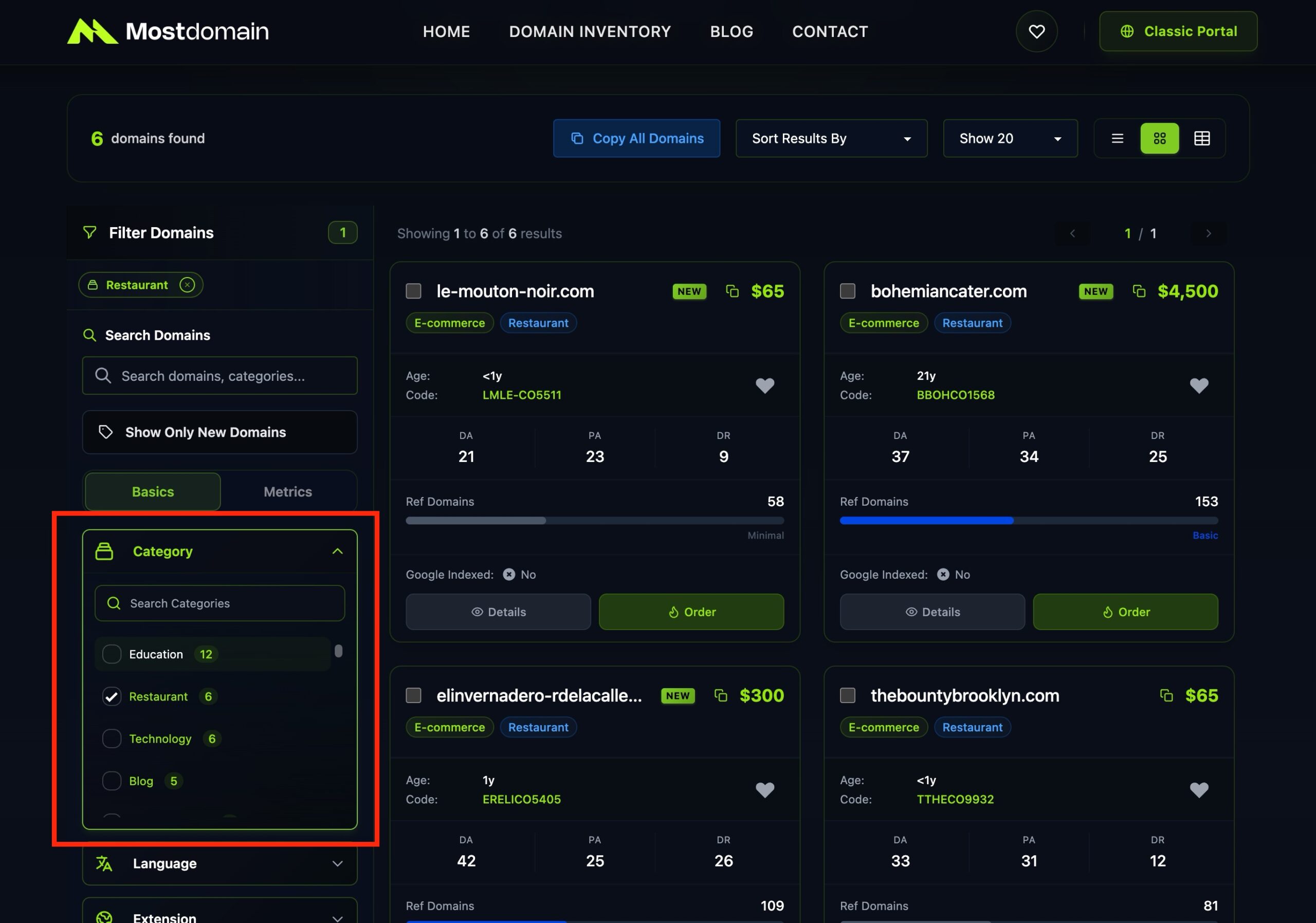 Tampilan filter Category di menu Domain Inventory