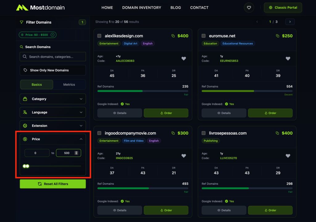 Tampilan filter Price di menu Domain Inventory