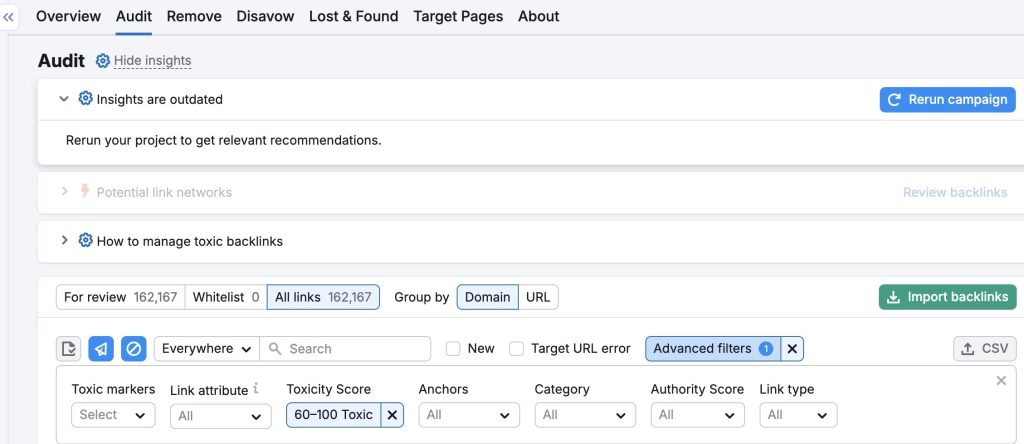 report toxic backlink di Semrush