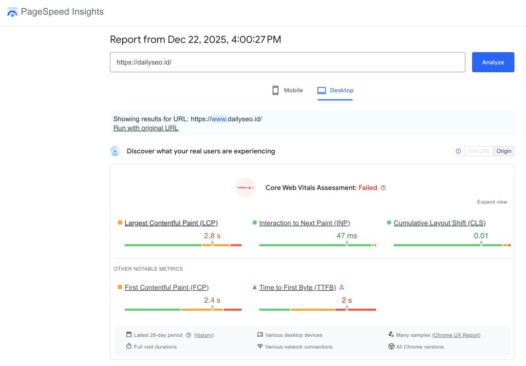 pengetesan core web vitals di pagespeed insight report