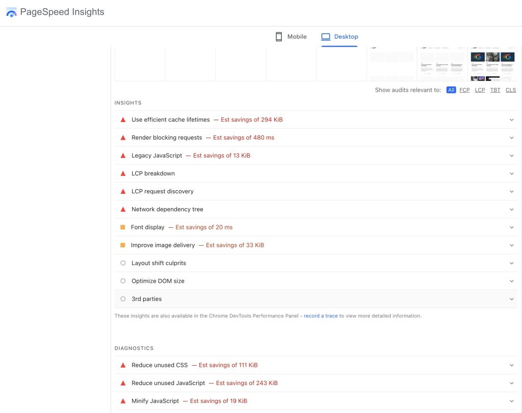 insights tab di pagespeed insight report