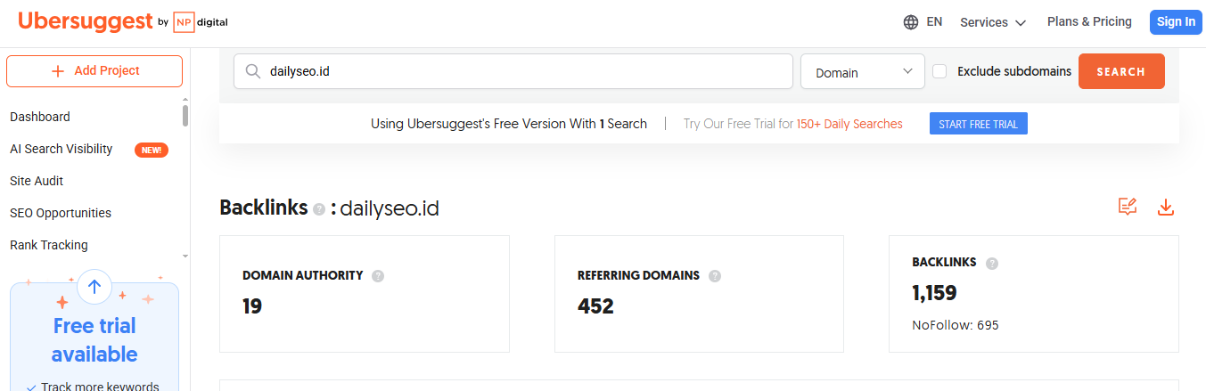 hasil analisis backlink di ubersuggest neil patel