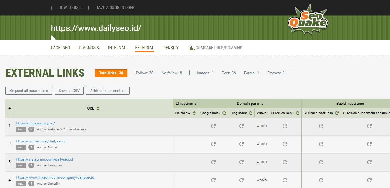 seoquake internal dan external link