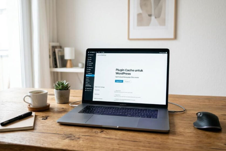 ilustrasi plugin cache wordpress di layar laptop di atas meja kayu minimalis