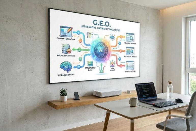 generative engine optimization (geo) presentation on futuristic projector screen