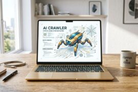 ilustrasi ai crawler di layar laptop berwarna gold
