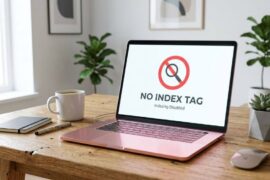ilustrasi noindex tag pada laptop berwarna pink
