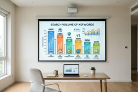 ruang kerja dengan slide presentasi search volume keyword