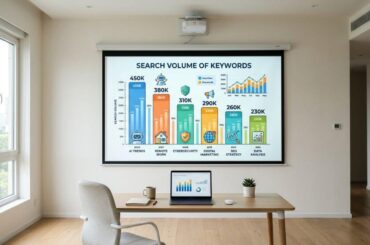 ruang kerja dengan slide presentasi search volume keyword