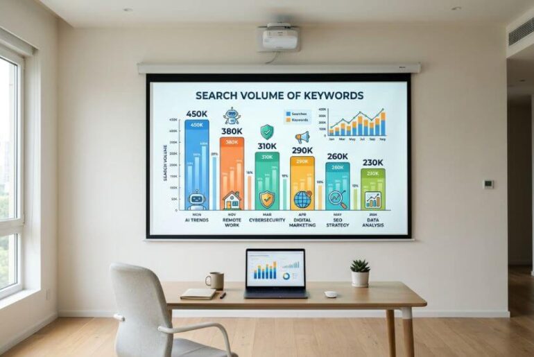 ruang kerja dengan slide presentasi search volume keyword