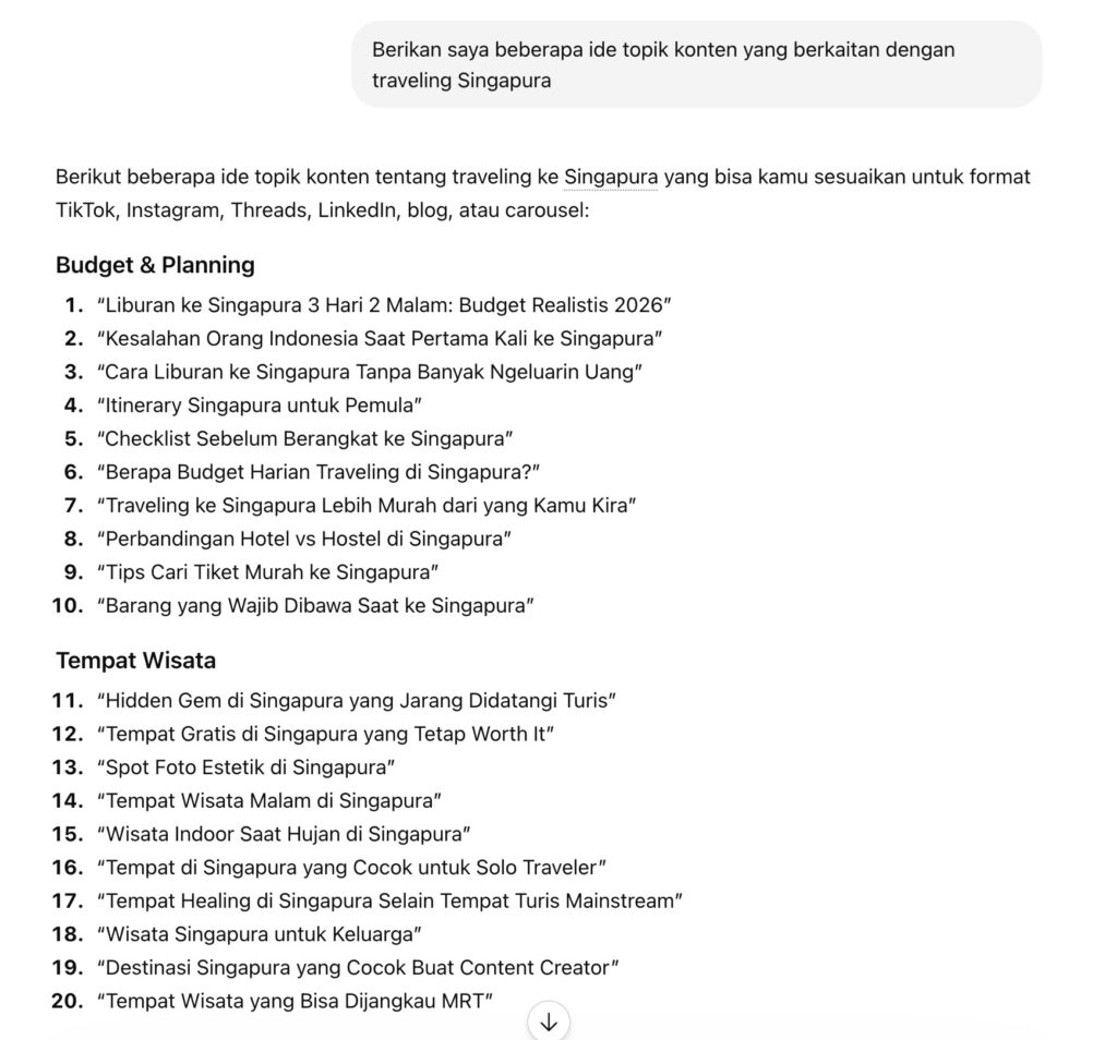 Tools ChatGPT untuk ide konten SEO traveling di Singapura