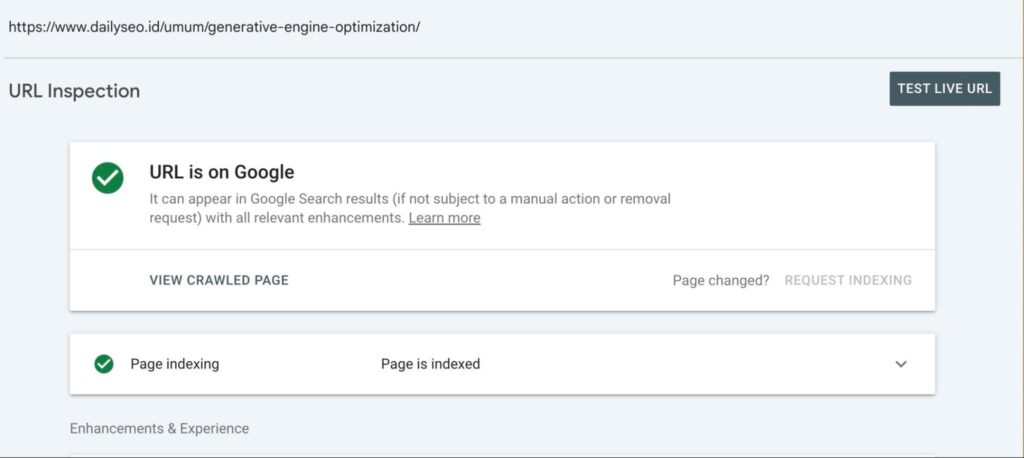 request indexing di gsc dengan url inspection