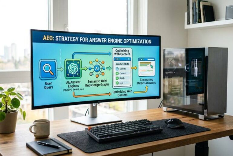 ilustrasi alur proses answer engine optimization pada modern pc