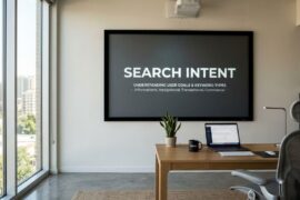ilustrasi presentasi search intent di layar proyektor hitam