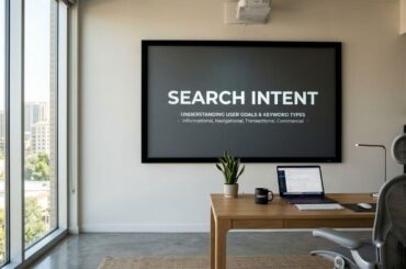 ilustrasi presentasi search intent di layar proyektor hitam