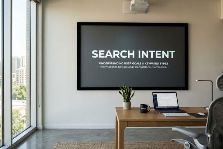 ilustrasi presentasi search intent di layar proyektor hitam