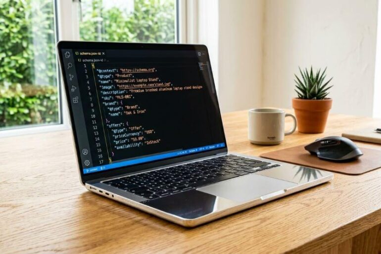 layar di laptop silver dengan kode schema markup JSON-LD