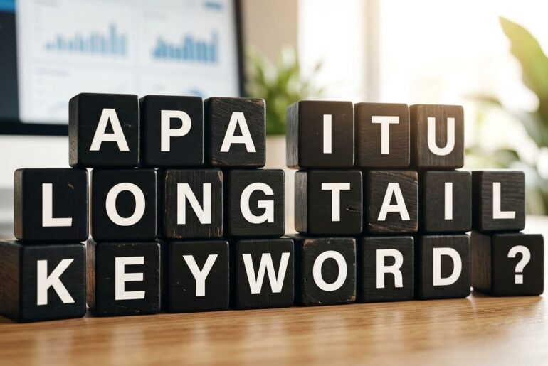 teks long tail keyword pada kubus hitam di atas meja