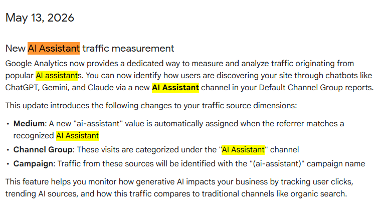 screenshot google umumkan trafik ai masuk ke channel ai assistant di ga4