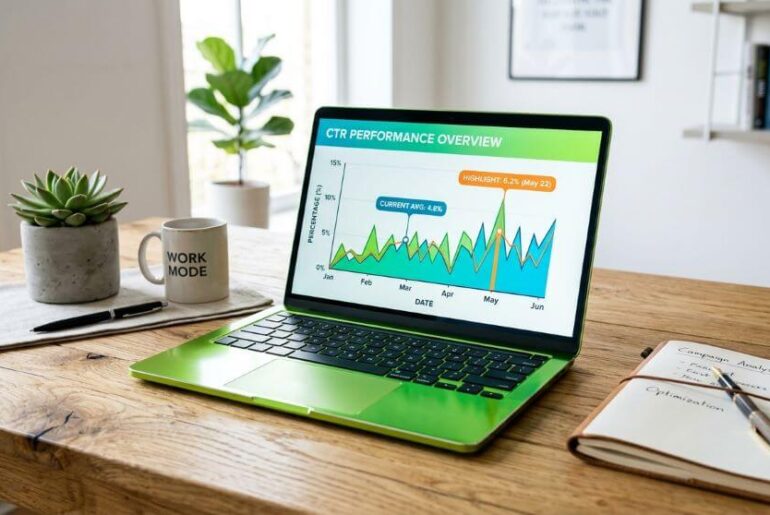 ilustrasi grafik ctr click through rate on a laptop ontable