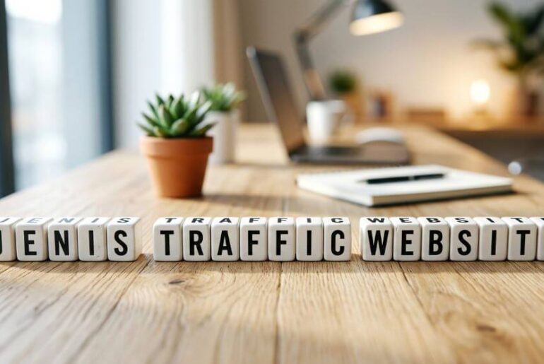 tulisan jenis traffic website pada kubus kayu