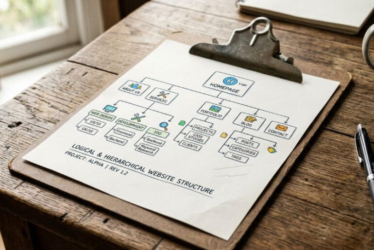 ilustrasi taxonomy seo website di kertas pada papan klip