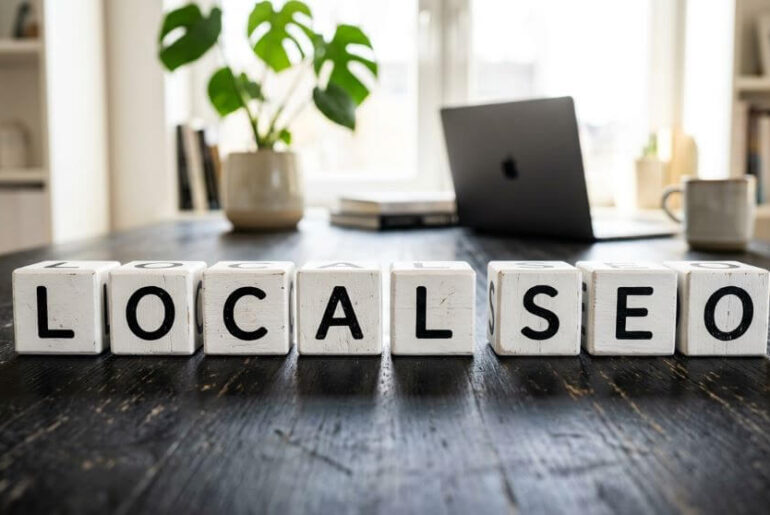 teks local seo pada dadu kubus di atas meja kayu berwarna hitam