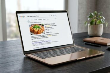ilustrasi google rich snippet pada chromed bronze laptop