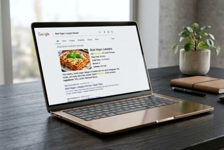 ilustrasi google rich snippet pada chromed bronze laptop