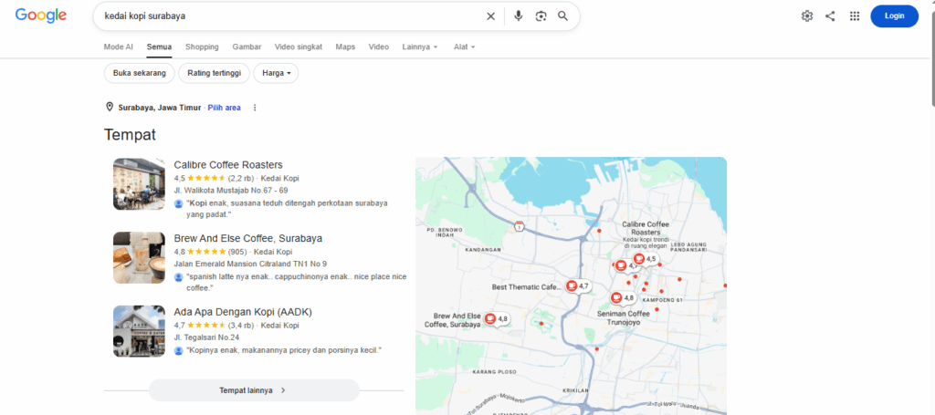 local seo kedai kopi surabaya - local pack dan maps