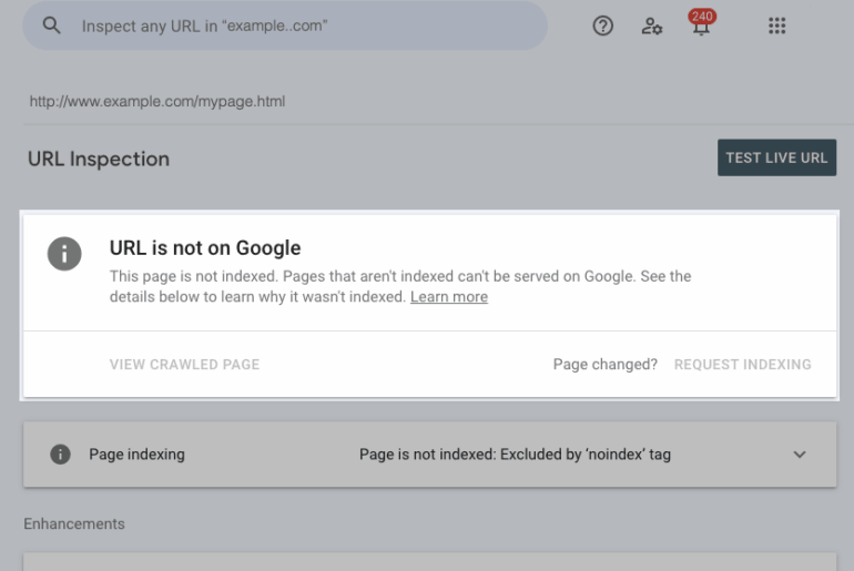 gambar screenshot tentang url inspection tool di google search console