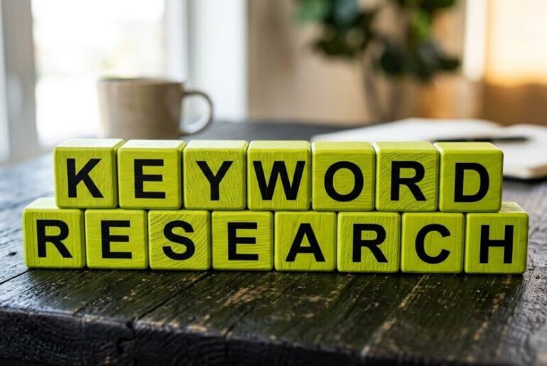 teks keyword research di balok kayu warna hijau